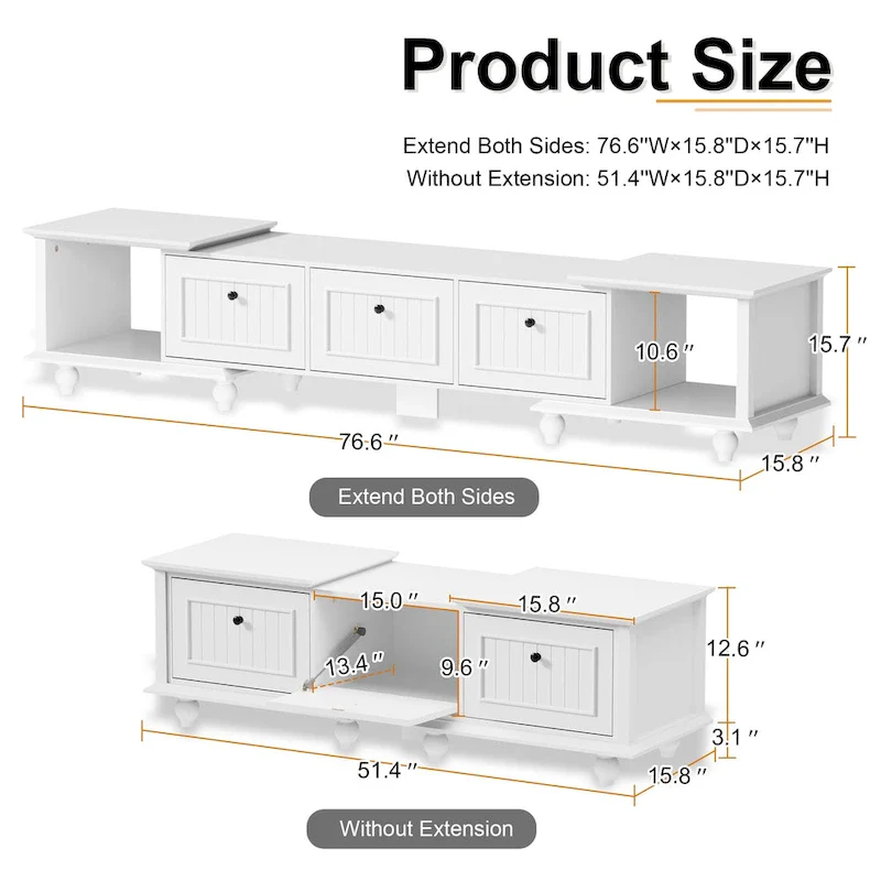 White Extendable TV Stand with Storage, Fits up to 85