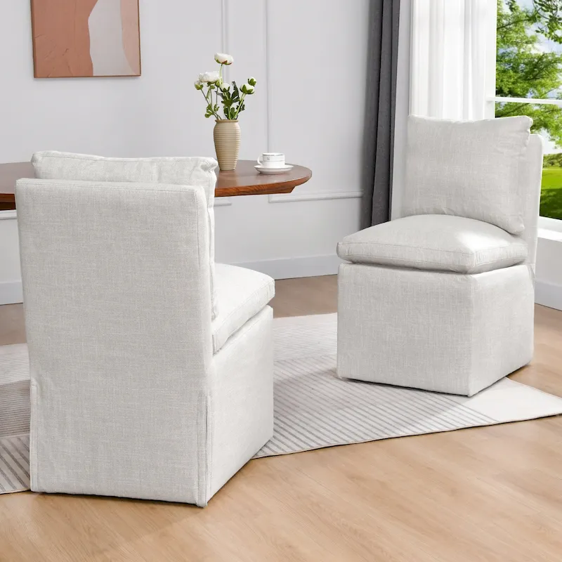 Beige Faux Linen Swivel Rolling Armchair with Casters, 1-Person