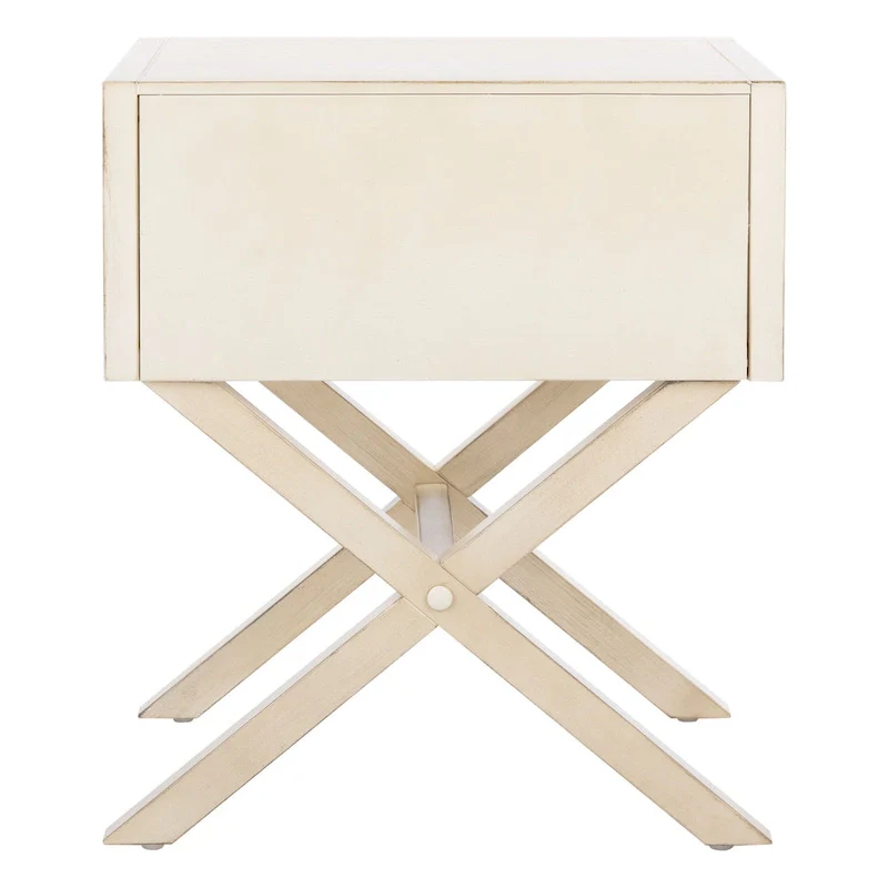 Campaign Style 1-Drawer Nightstand with Cross Base & Gold Pull – Turquoise / Antique White / Navy / Grey