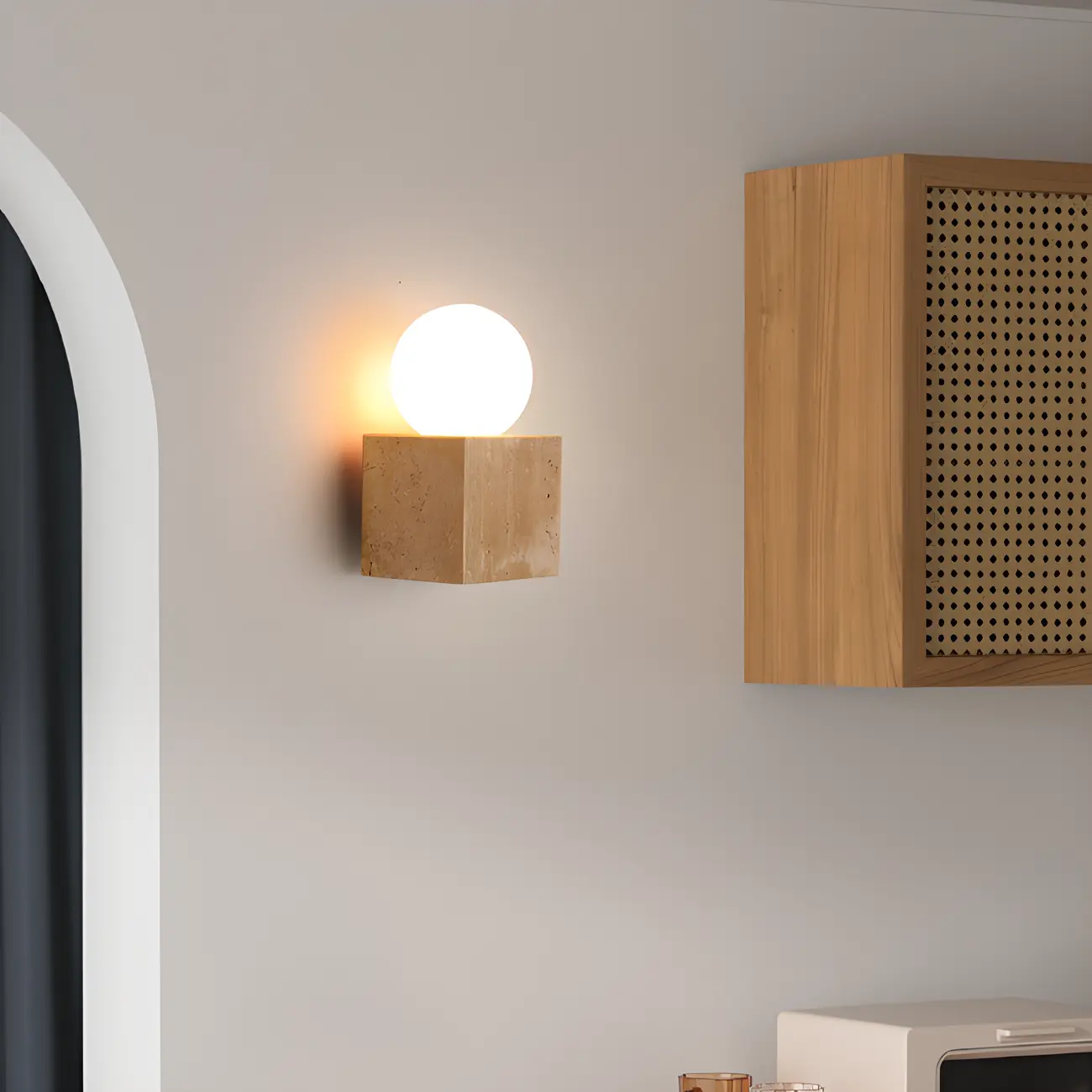 Modern Stone Beige Cube with Globe Wall Sconce