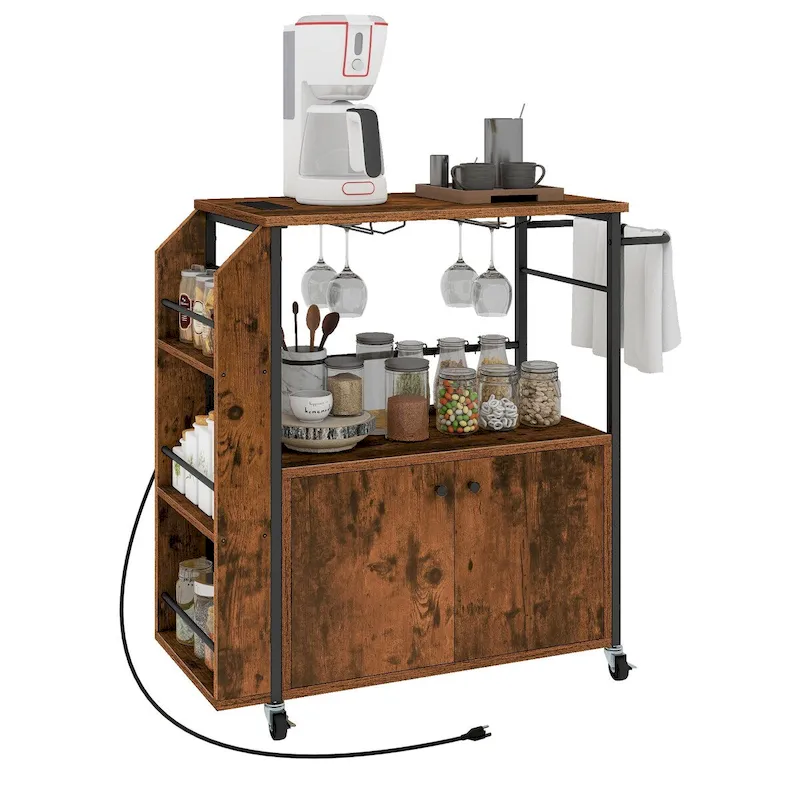 Moasis Rolling Portable Kitchen Island Cart With Power Outlet And Open Shelves