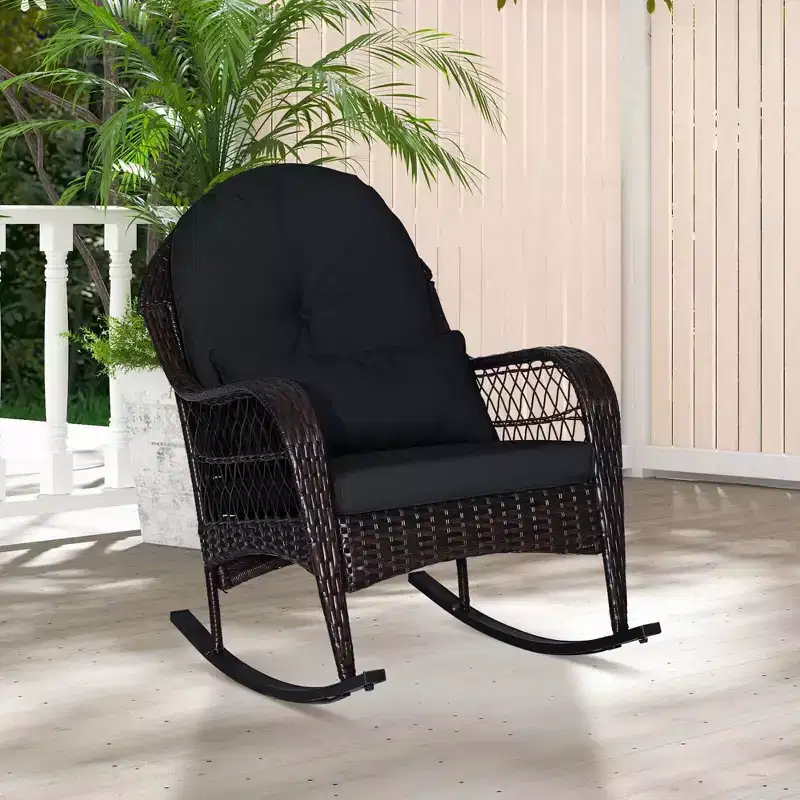 Costway Patio Wicker Rocking Chair W/Seat Back Cushions & Lumbar Pillow Porch Off White/Orange/Gray/Black/Blue