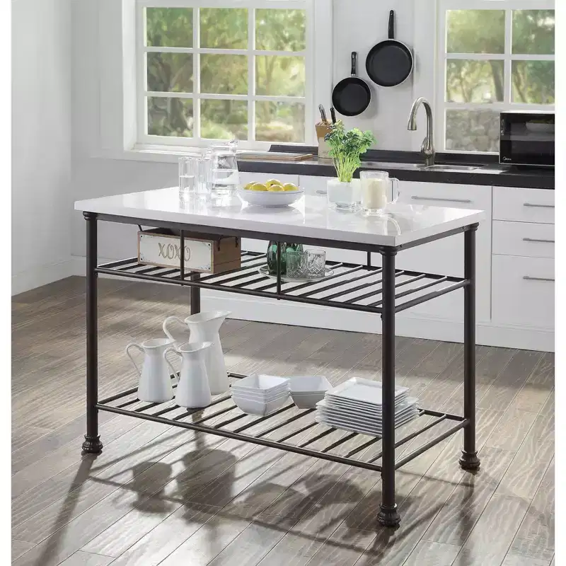 50" Freyja Kitchen Island White Cultured Stone/Gray Finish - Acme Furniture: Metal Frame, Storage Shelves