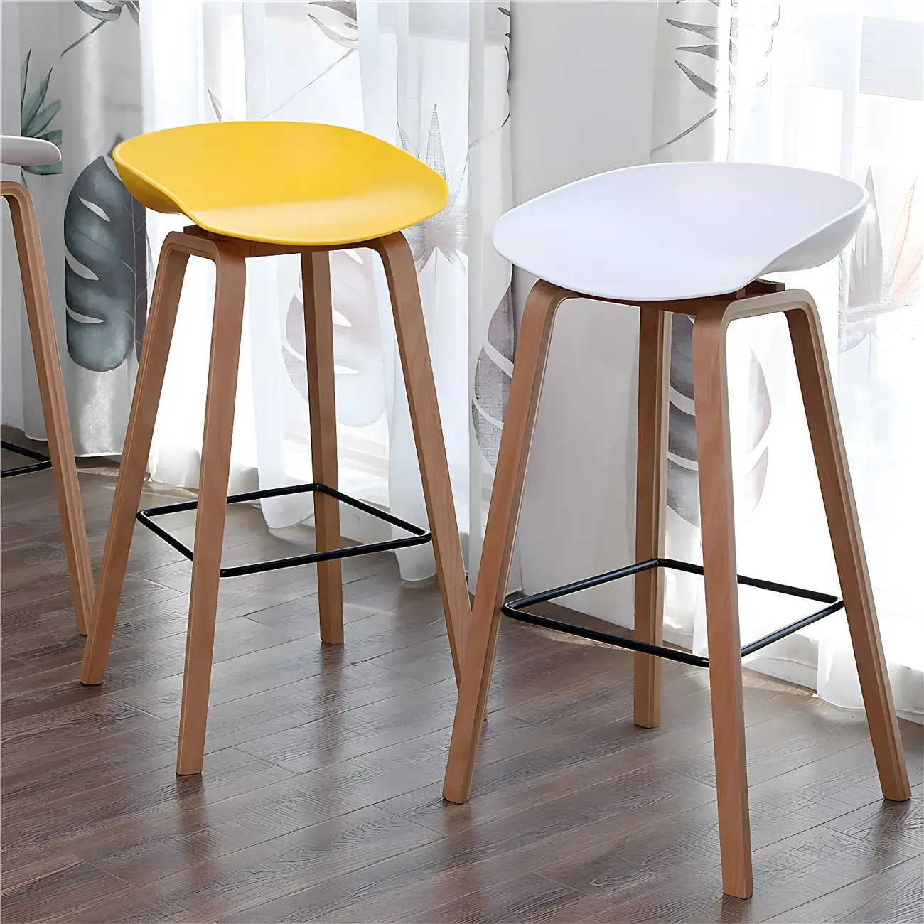 Mid-Century Modern Plastic Bar Stool with Wood Legs
