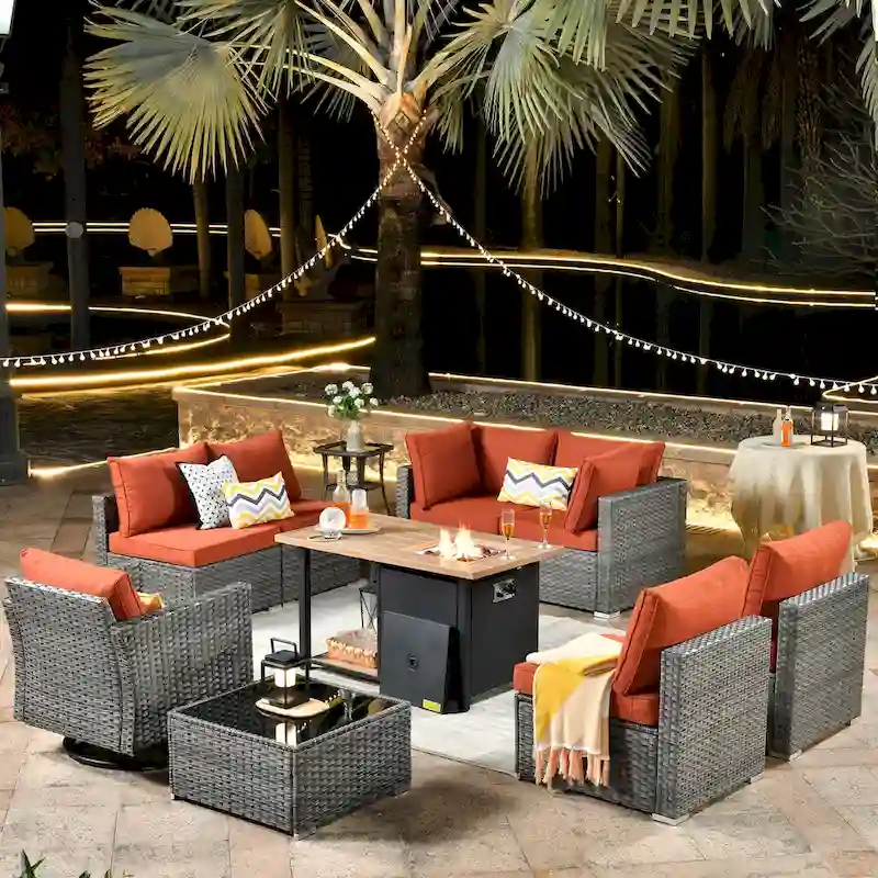 HOOOWOOO 10-piece Grey Rattan Patio Furniture Set with Fire Pit