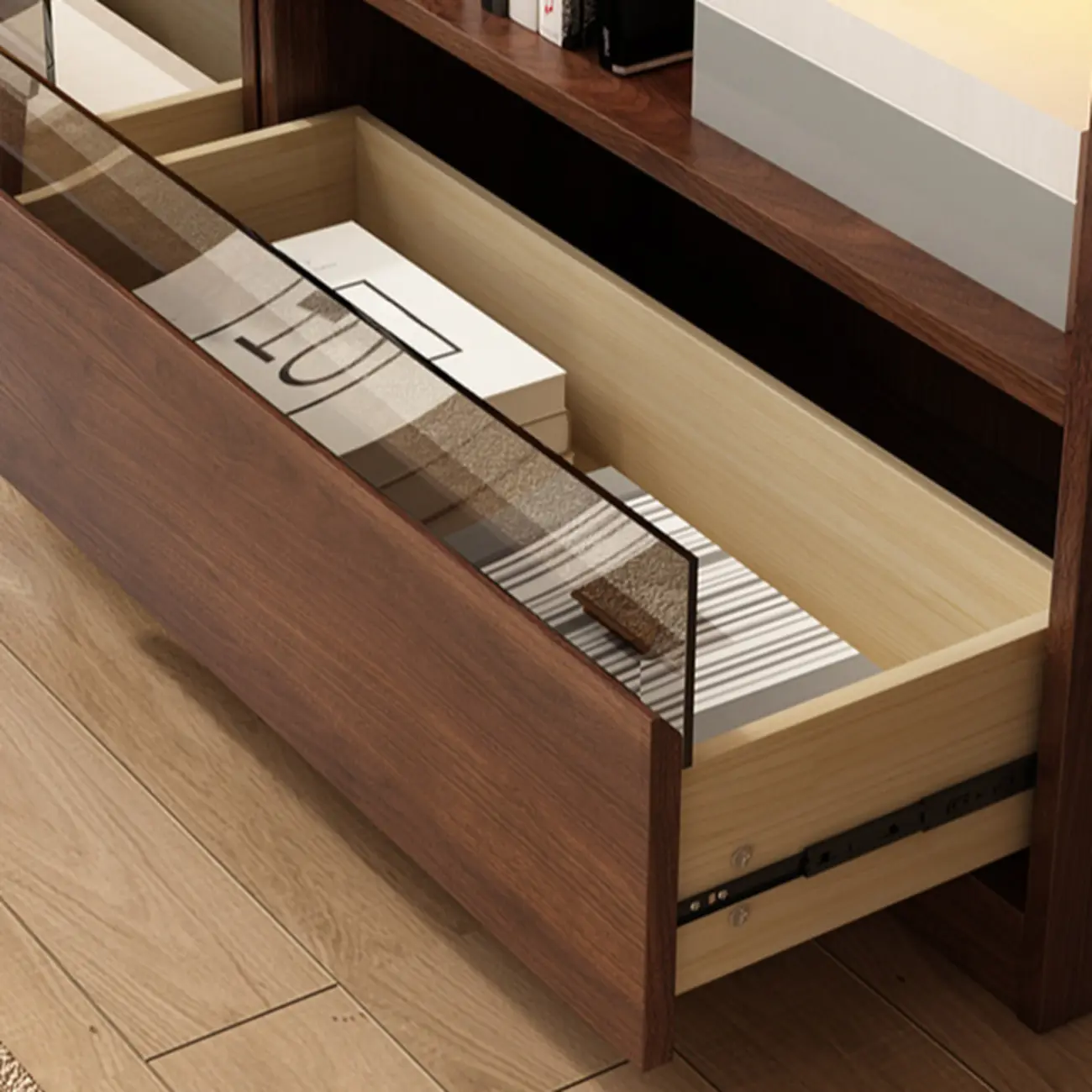 Mid Centyury Tall Brown Vertical Wood Bookcase with Drawers