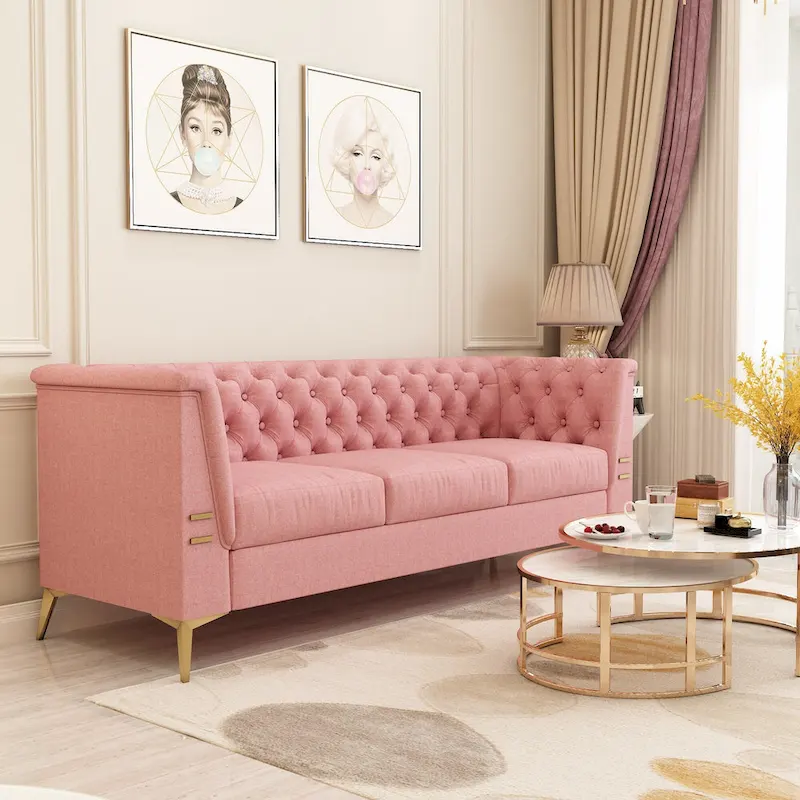 82.7 Velvet 3-Seater Sofa with Gold Metal Legs