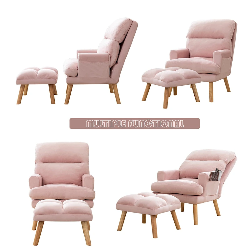 Velvet Fabric Armchair with Ottoman with Adjustable Backrest and Side Pockets