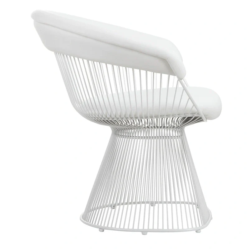 33 Inch Accent Chair, Slatted Metal Curved Back, White Faux Leather