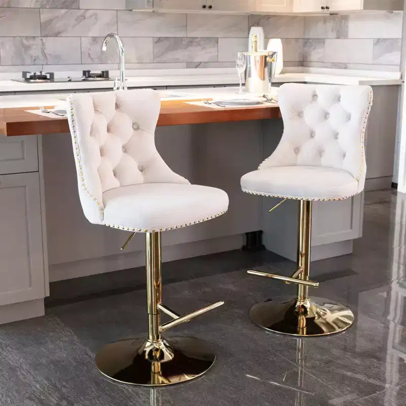 Okak Swivel Velvet Barstools with Adjusatble Seat Height Set of 2, Modern Upholstered Bar Stools with Gold Base for Home Pub