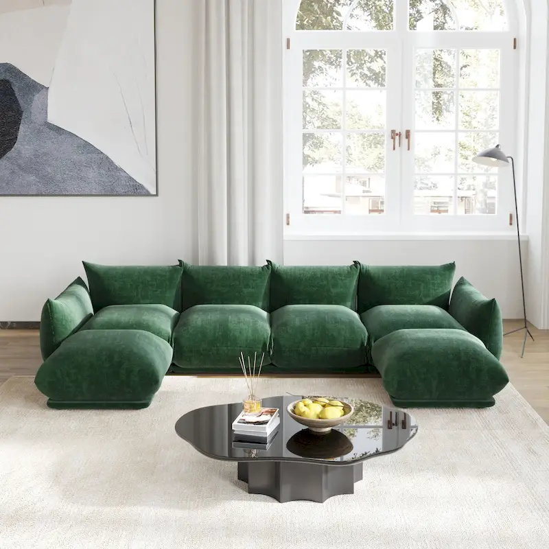 U-Shape Chenille Sectional Sofa, 4-Seat – Green / Orange / Beige / Black