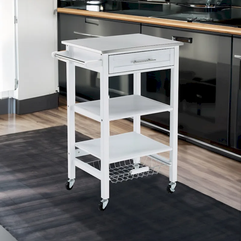 Kitchen Cart with 2 Wooden Shelves and 1 Drawer, White