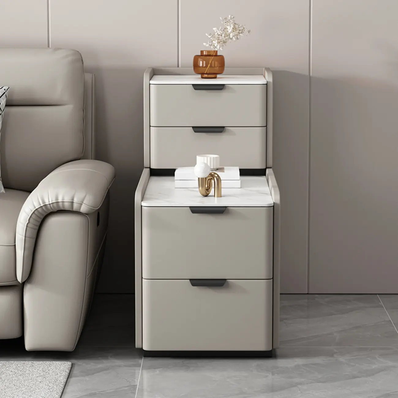 Tall 4-Drawer Stone Top Wooden L-Shaped Sofa End Table