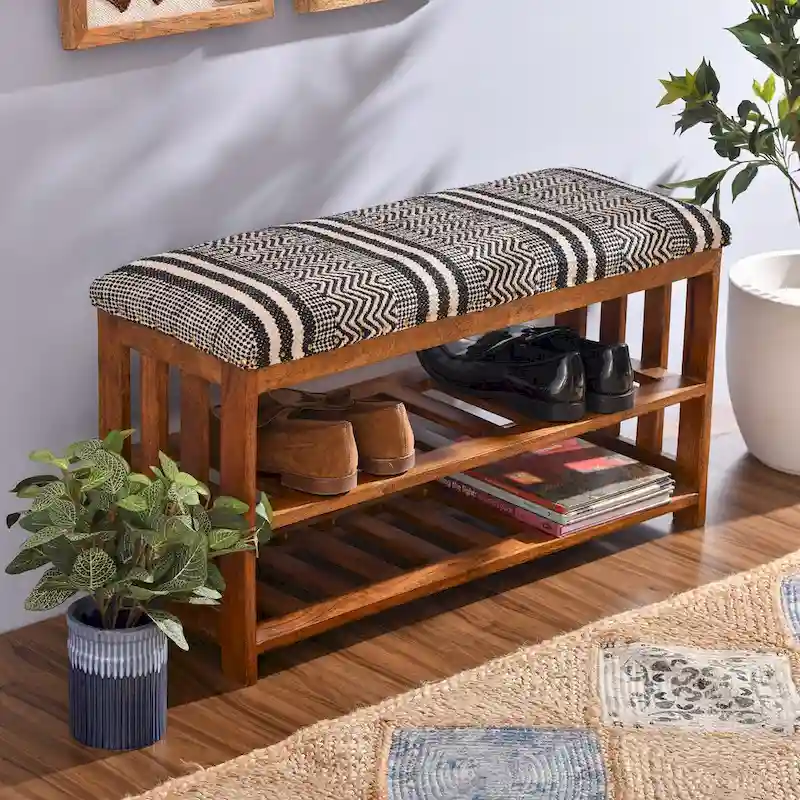 Natural Acacia Wood Boho Upholstered Storage Bench, 2-Shelf, 1-Seat