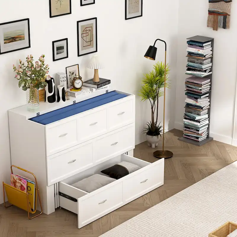 Modern Wood Full Murphy Bed Chest in White Finish Dresser 2-1 Cabinet