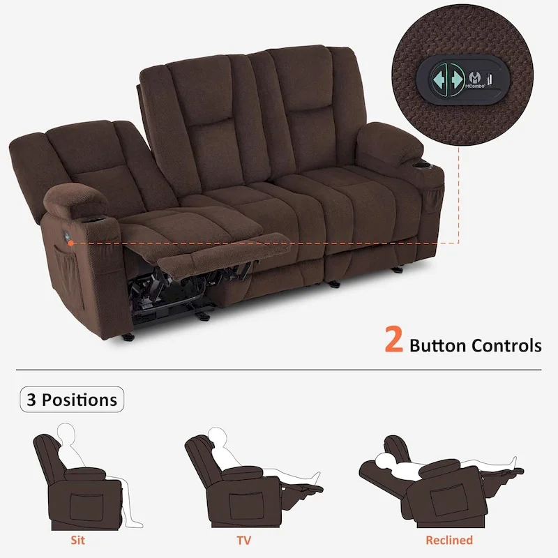 Electric Power Reclining Sofa with Massage and Lumbar Heat, Fabric