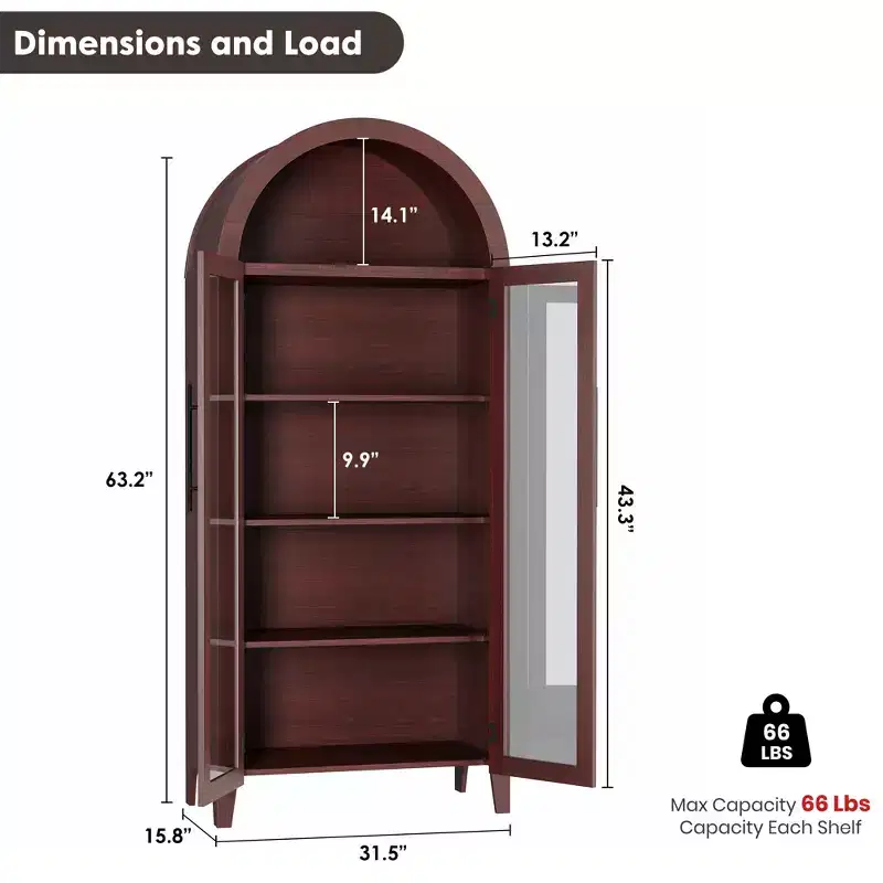 63.2Arched Kitchen Pantry Cabinet - Farmhouse 5 Tier Display Shelf with Adjustable Shelf and 2 Large Glass Doors, for Dining Room, Living Room