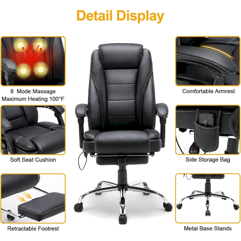Ergonomic Heated Executive Office Chair with 2/4/6-Point Massage, Retractable Footrest, and PU Leather