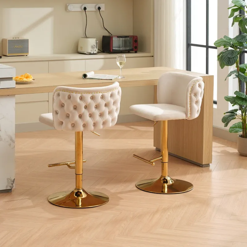 Swivel Barstools Adjusatble Seat Height With Gold-plating Base,Velvet Upholstered Bar Stools with the whole Back Tufted,Set of 2