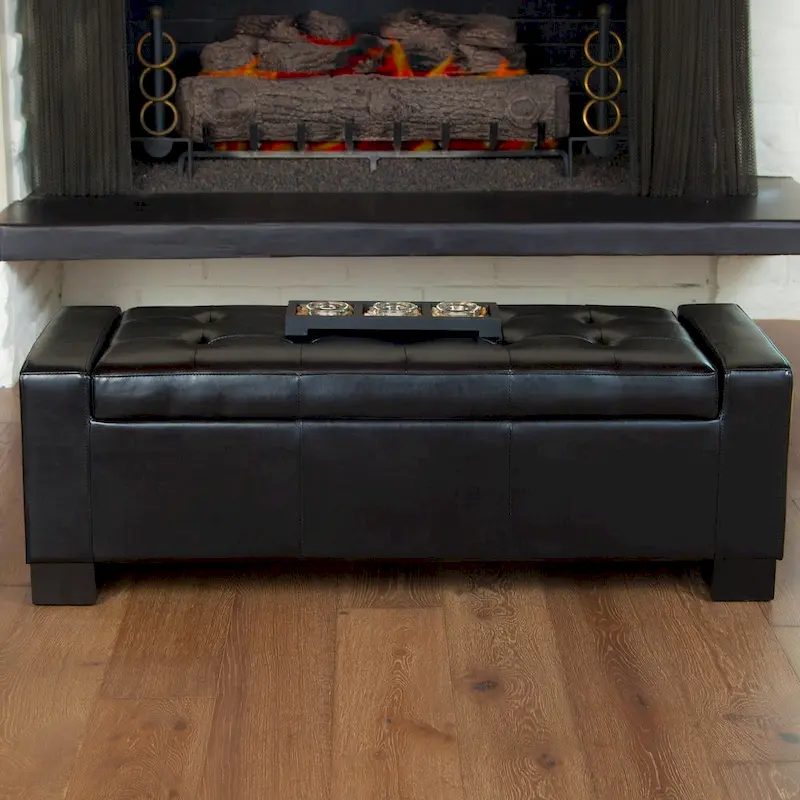 Black Bonded Leather Storage Ottoman Bench