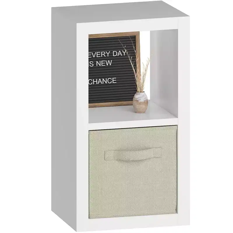 Sandinrayli Bookshelf with Storage Bin, 2-Cube Storage Organizer, Modern Wood Open Bookcase, White