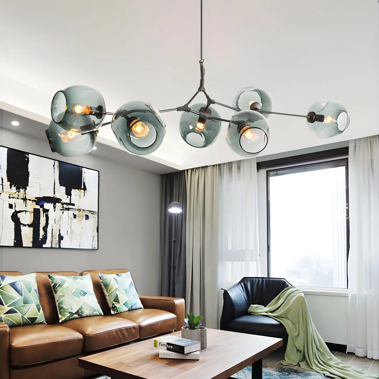 Industrial Sputnik Chandelier with Clear Blue Glass Globes