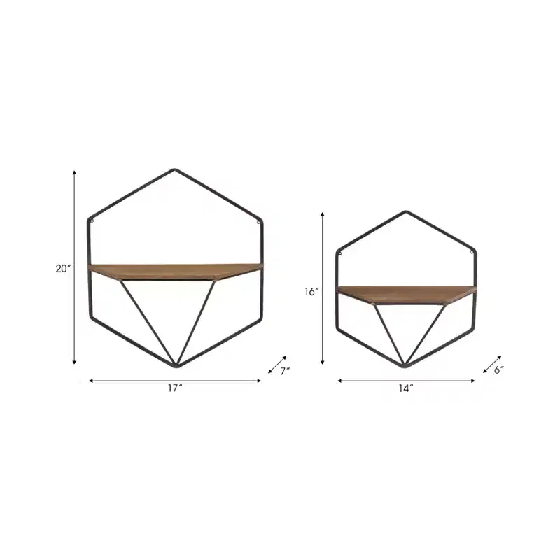 Metal & Wood Floating Storage with Rustic Casual Design - Geometric Wall Shelves - Hanging Display for Home & Office - Set of 2, 20, 16