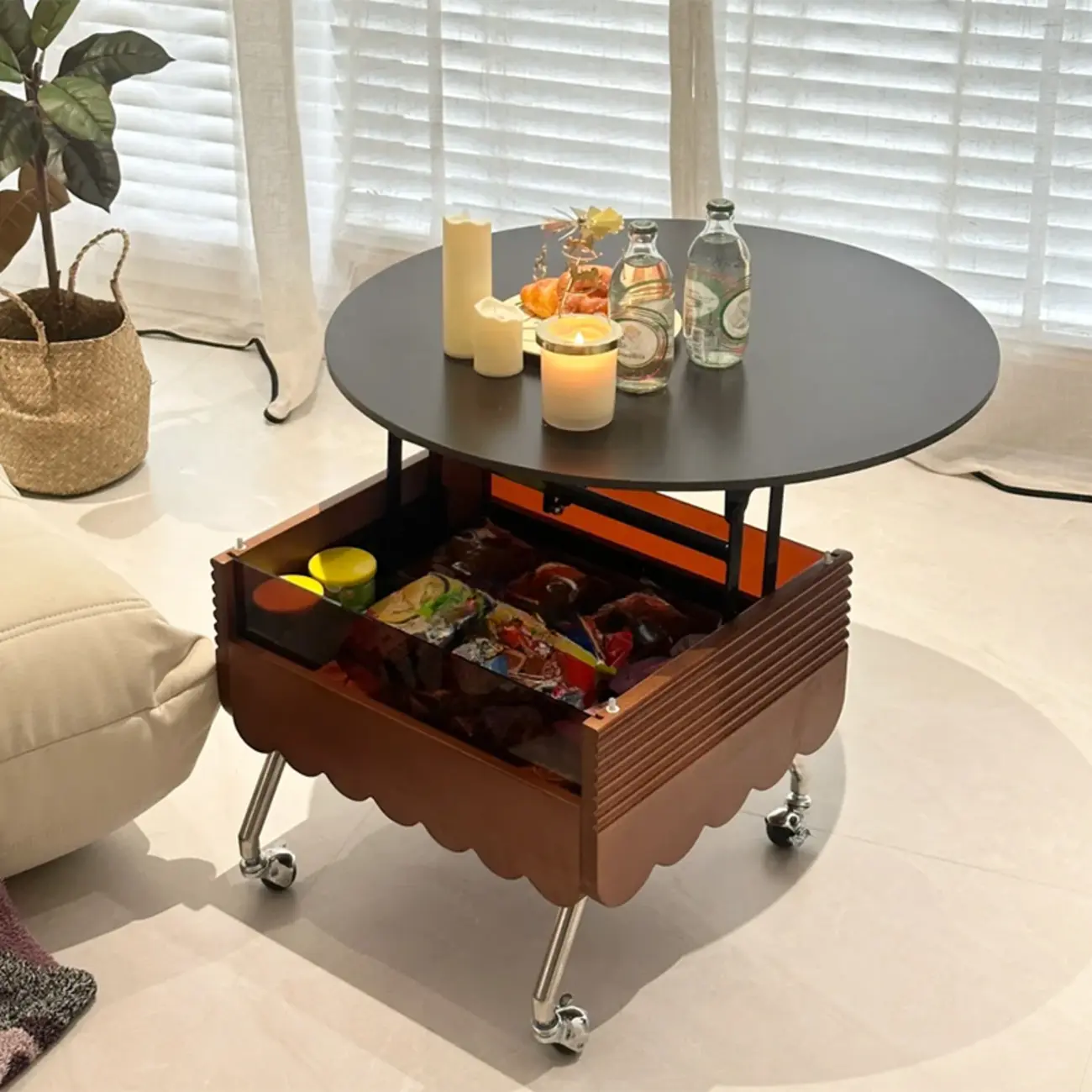 Adjustable Walnut Wood Flower Shaped Coffee Table with Wheels