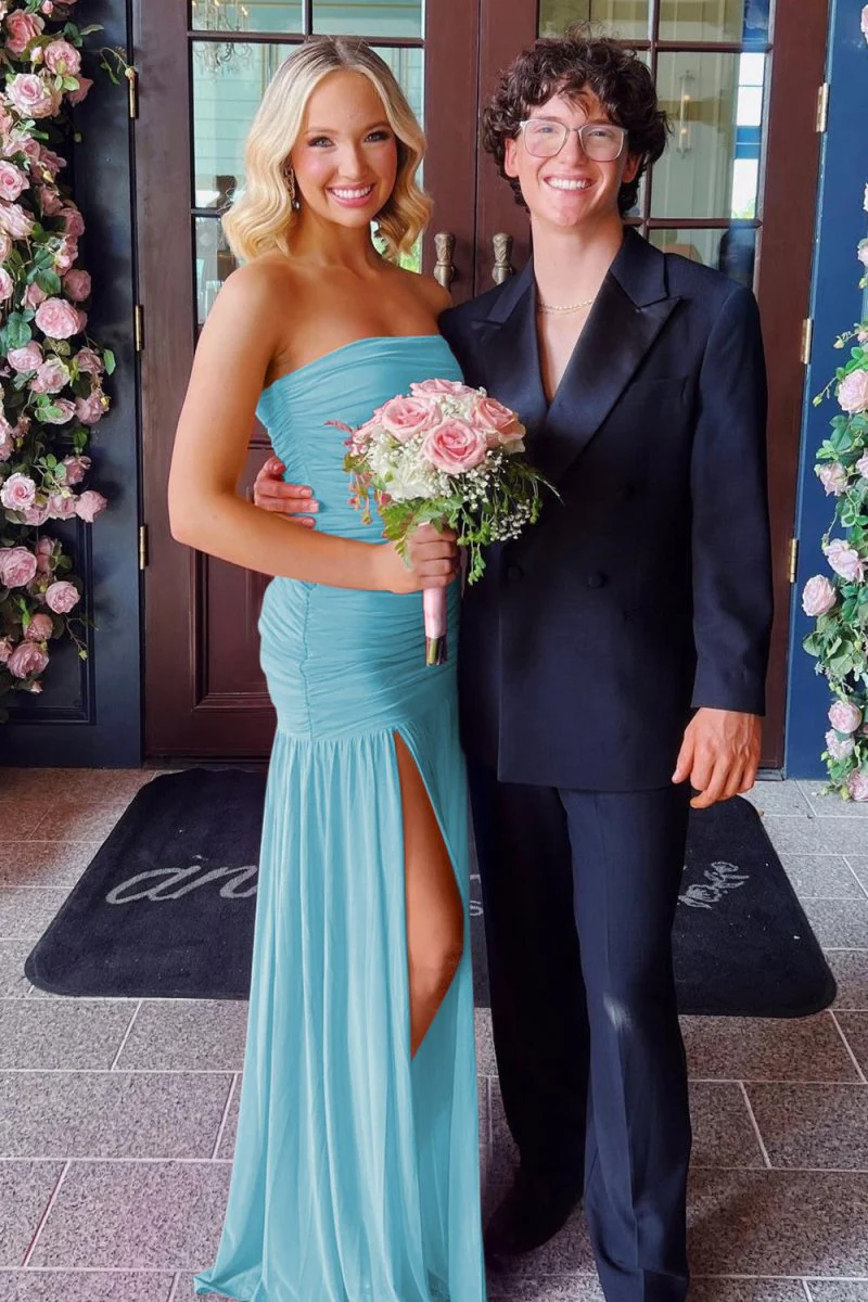 Hot Pink Sheath Strapless Pleated Chiffon Long Prom Dresses