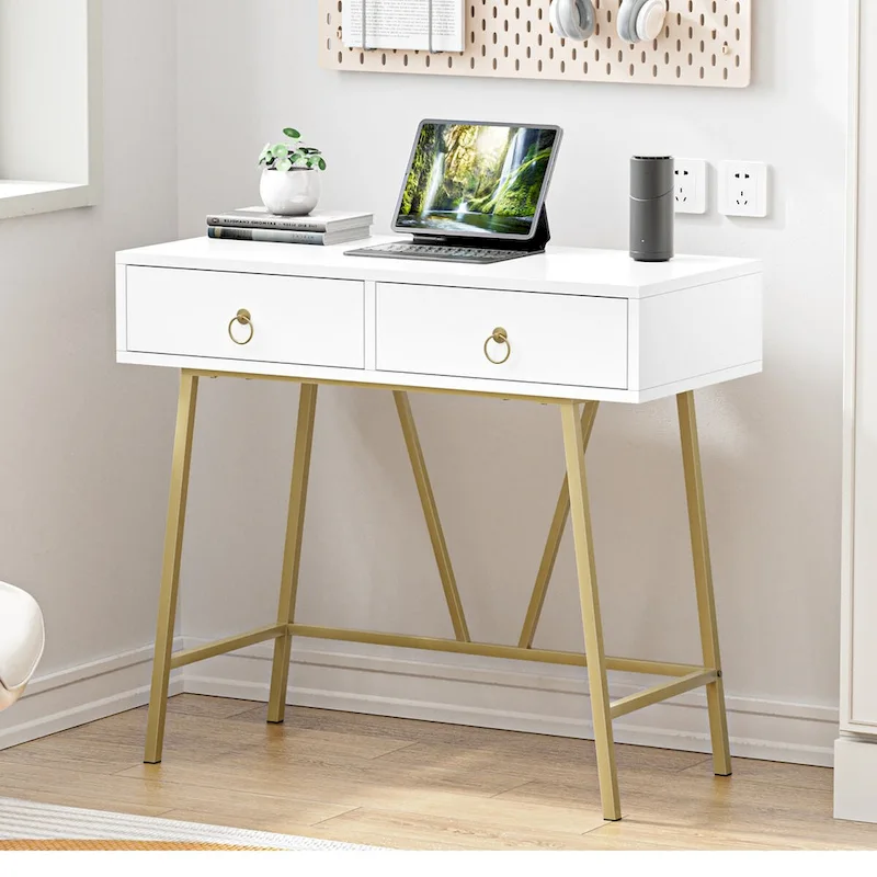 Anmytek Modern Home Office Desk 35.4 Makeup Vanity Table White 2 Drawers Writing Computer Desk with Golden Legs