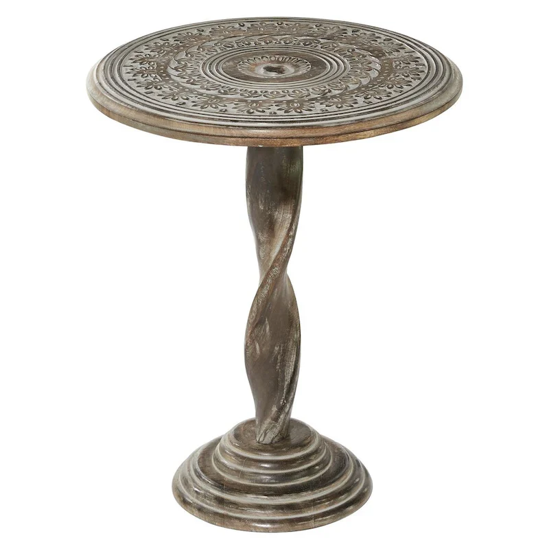 Mango Wood Floral Carved Side Accent Table with Spiral Leg - Brown