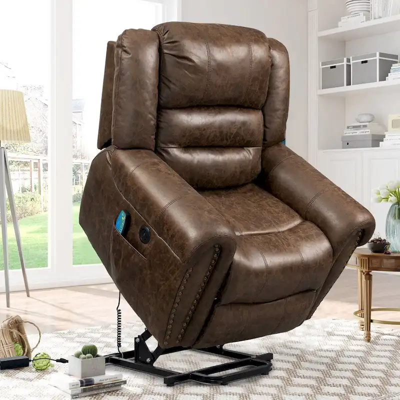 Antique Brown / Grey Faux Leather Power Lift Recliner with Massage & Heat, Single Seat, 330 lbs Capacity