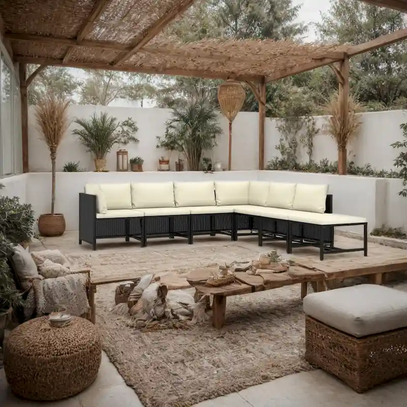 Avio 7pc Outdoor Modular Sofa Set, Square Shape, Poly Rattan, Black
