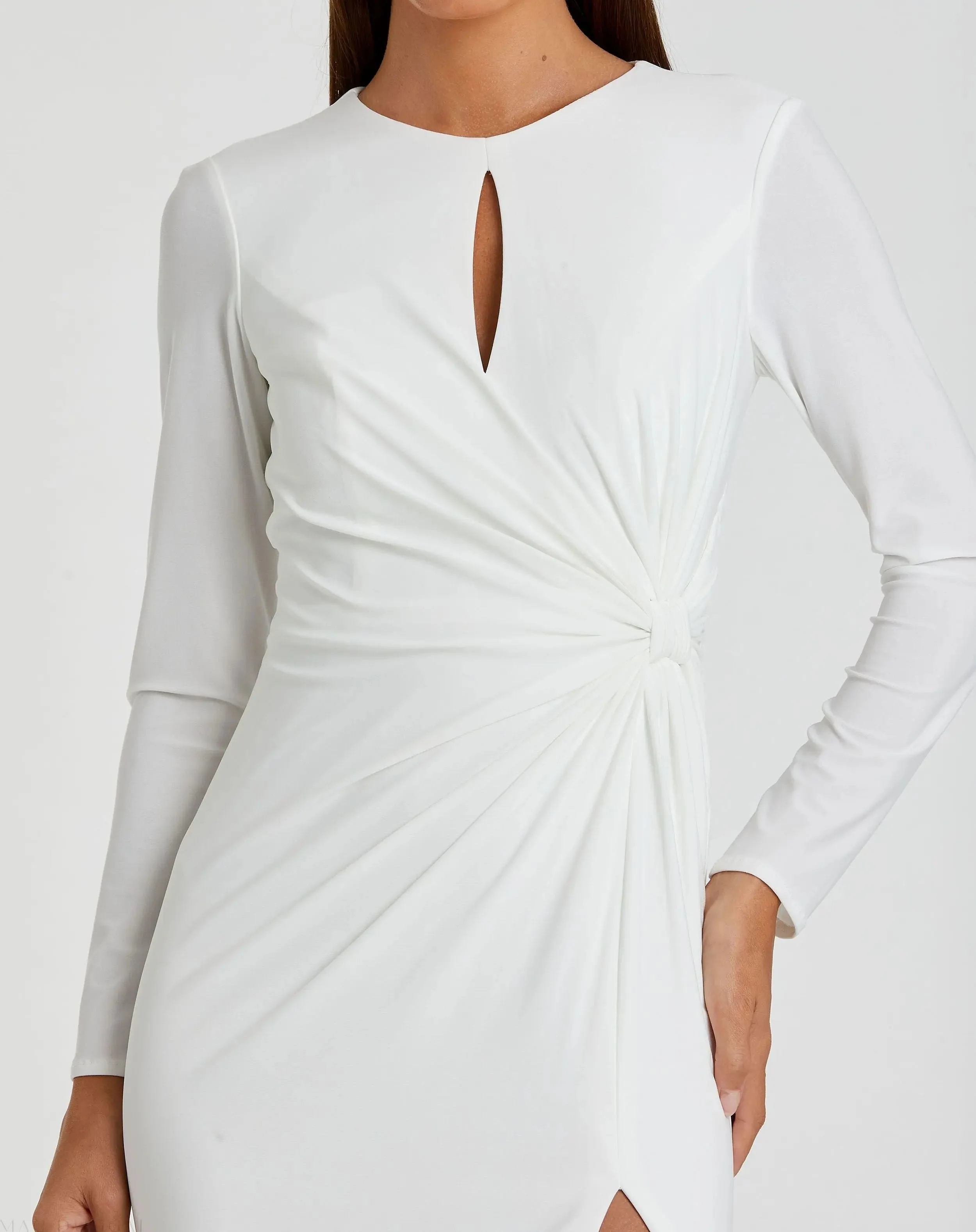White Long Sleeve Keyhole Draped Gown