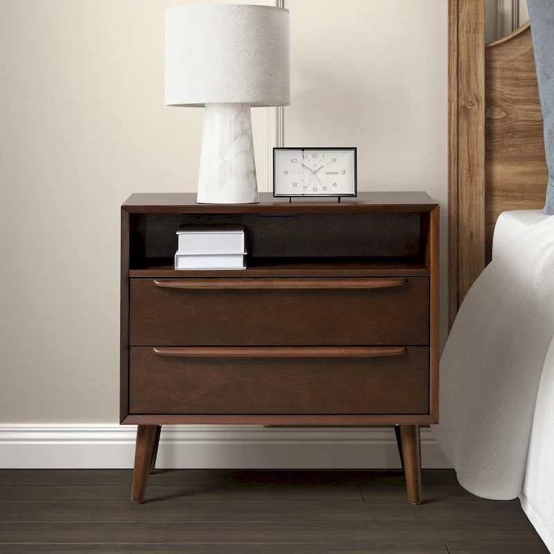 Mid-century Modern 2 - Drawer Nightstand with Built-In Outlets and USB