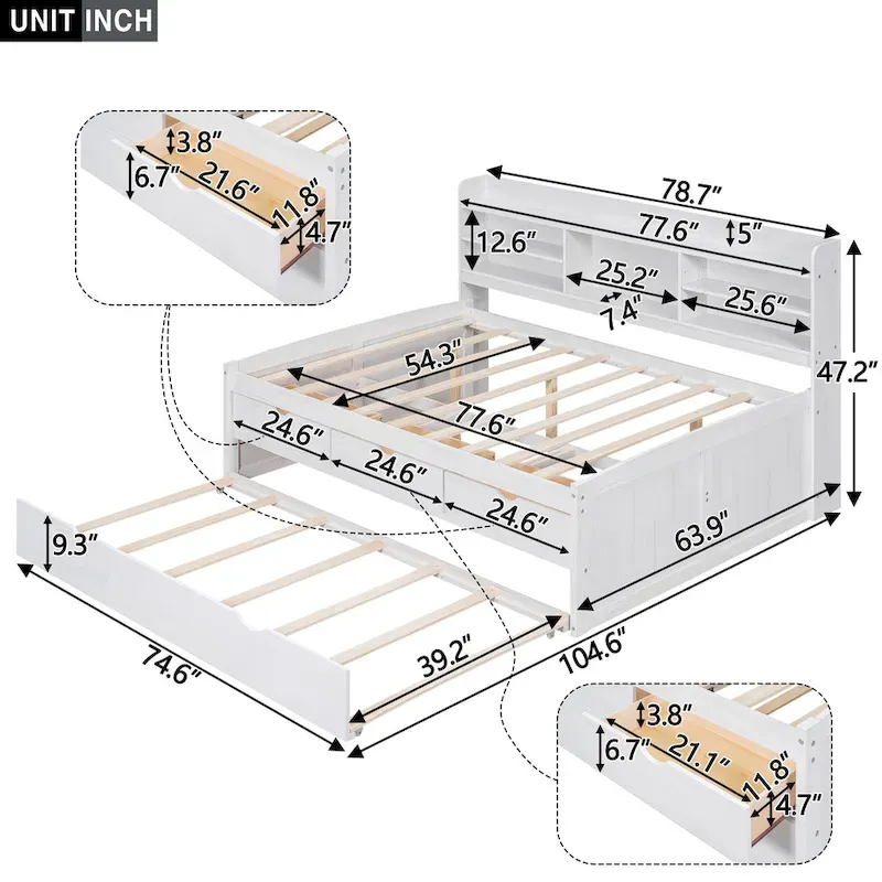 Full Pine Captain Bed with Shelves, Drawers & Trundle