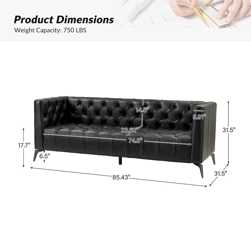 Transitional Genuine Leather Sofa with Metal Legs and Tufted Back