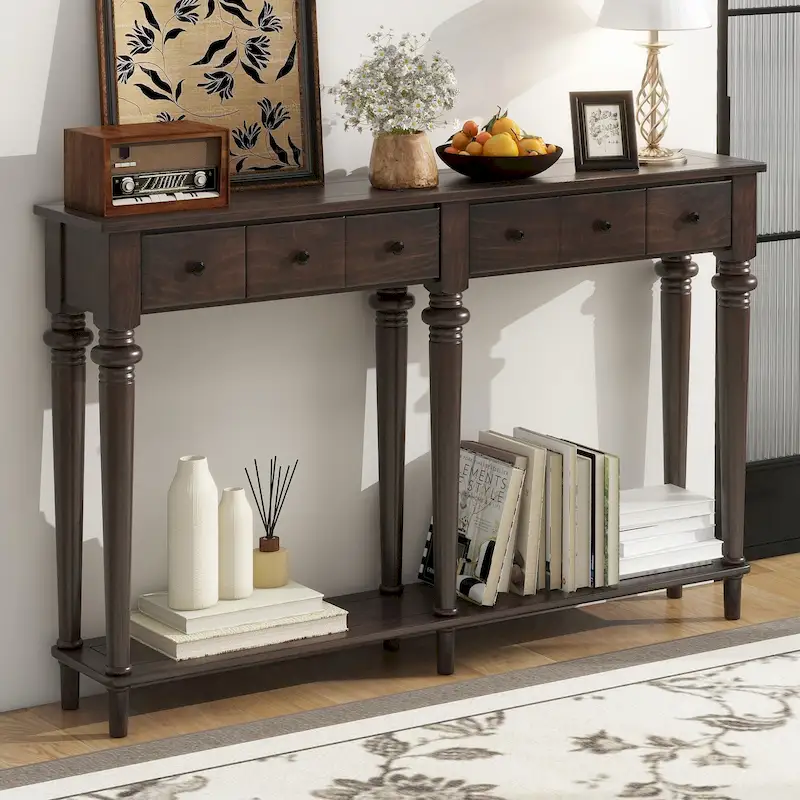 4-Drawer Entryway Console Table – Espresso, Rustic Pine Veneer