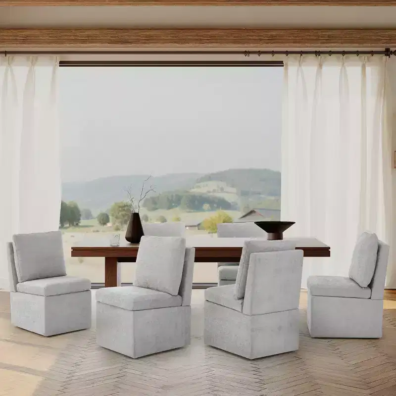 WestinTrends Soho Modern Upholstered Chenille Armless Dining Chairs With Casters (Set of 6), Light Gray