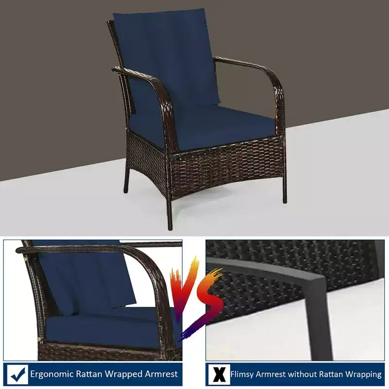 Costway 3 PCS Patio Rattan Furniture Set Coffee Table & 2 Rattan Chair W/Navy Cushions