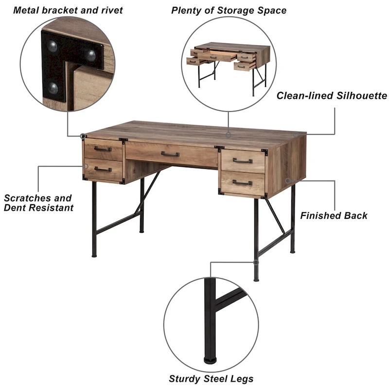 Saint Birch Cambridge Modern Farmhouse 47 Inches 5-Drawer Writing Desk