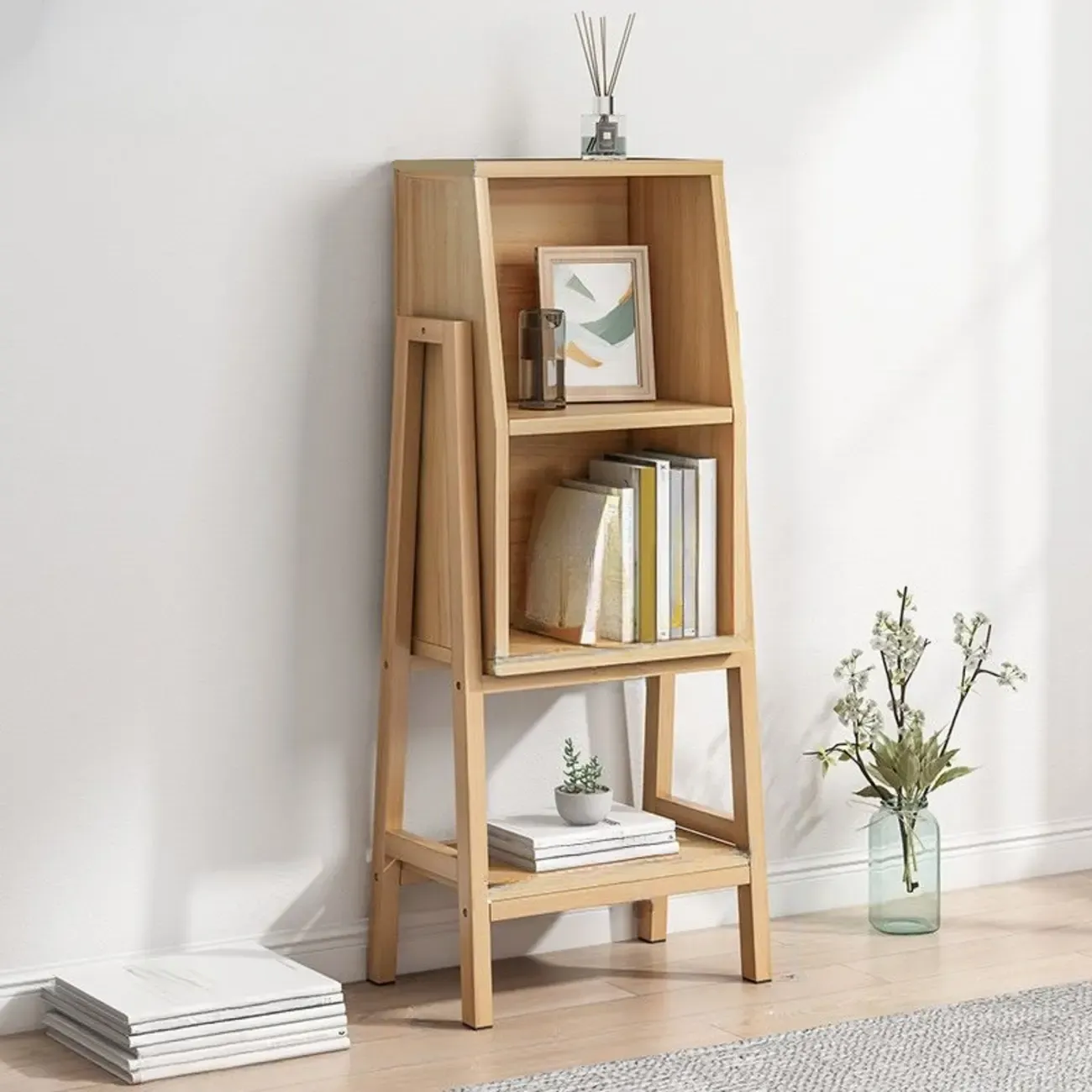 Narrow 2-Tier Natural White Wooden Ladder Bookcase