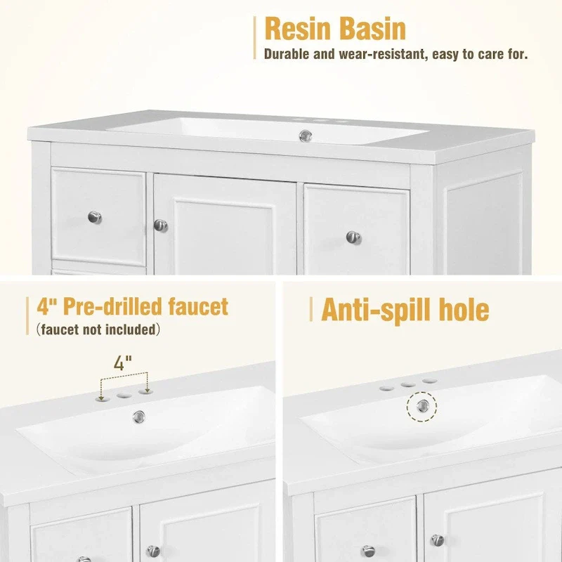 36 Inch Bathroom Vanity Cabinet with Resin Sink and Adjustable Shelves