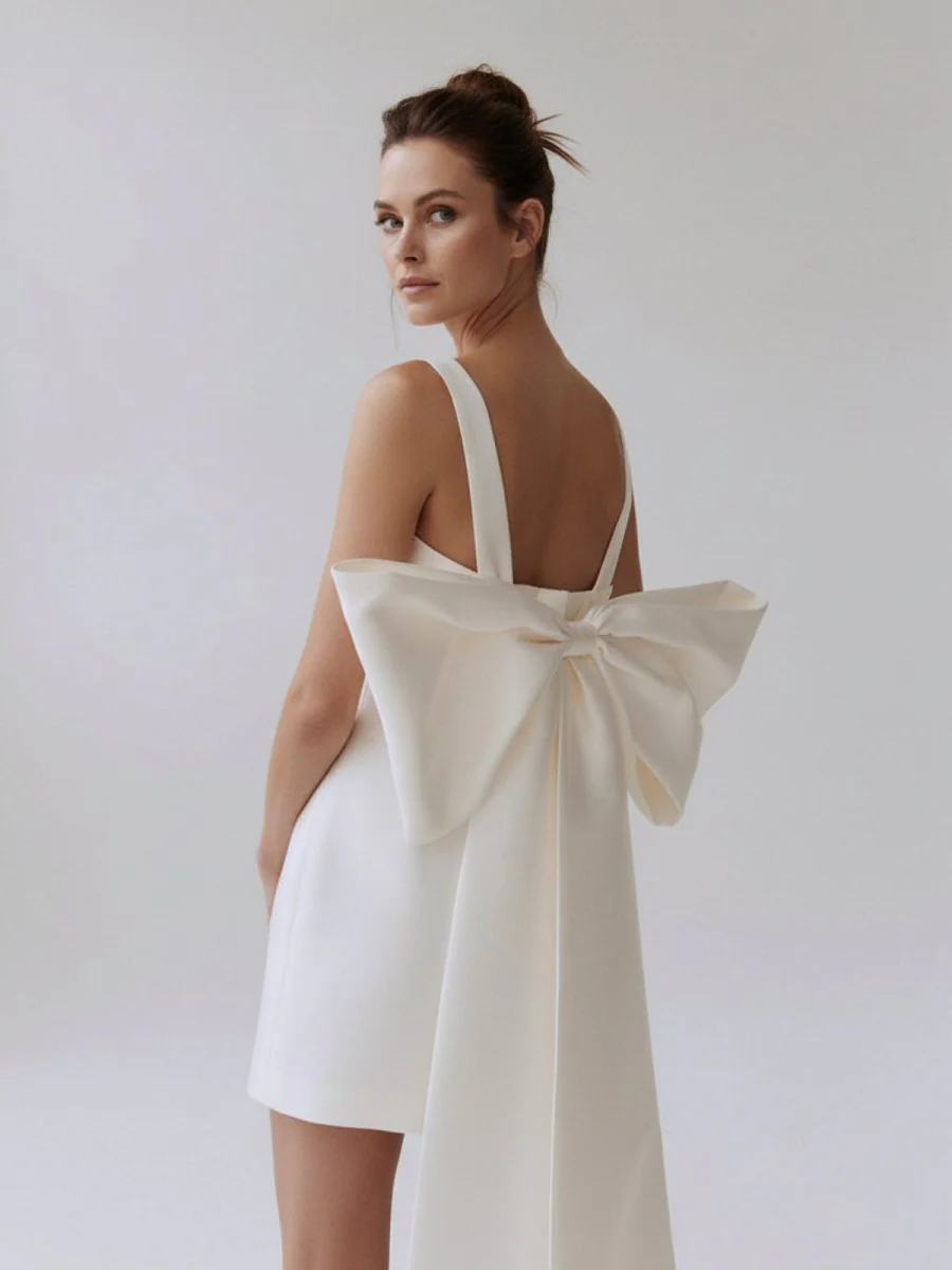 Square Neck White Satin Short Wedding Dress with Bow Back and Veil