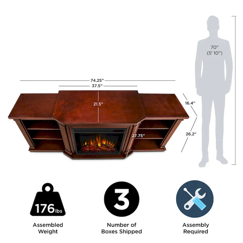 Valmont 74.25 Electric TV Stand Fireplace in Dark Mahogany by Real Flame - 75.5 W x 21.5 D x 27.7 H