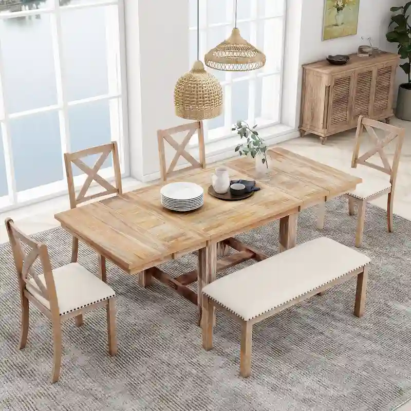 6-Piece Dining Table with Footrest, 4 Chairs and Dining Bench, Two 11 Removable Leaf