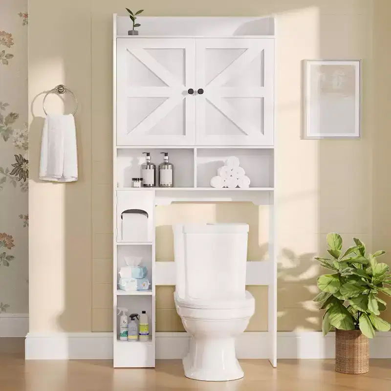 Dyonery 70 Over The Toilet Storage Cabinet with Barn Doors, Tall Bathroom Rack with Toilet Paper Holder, for Restroom, Laundry, White
