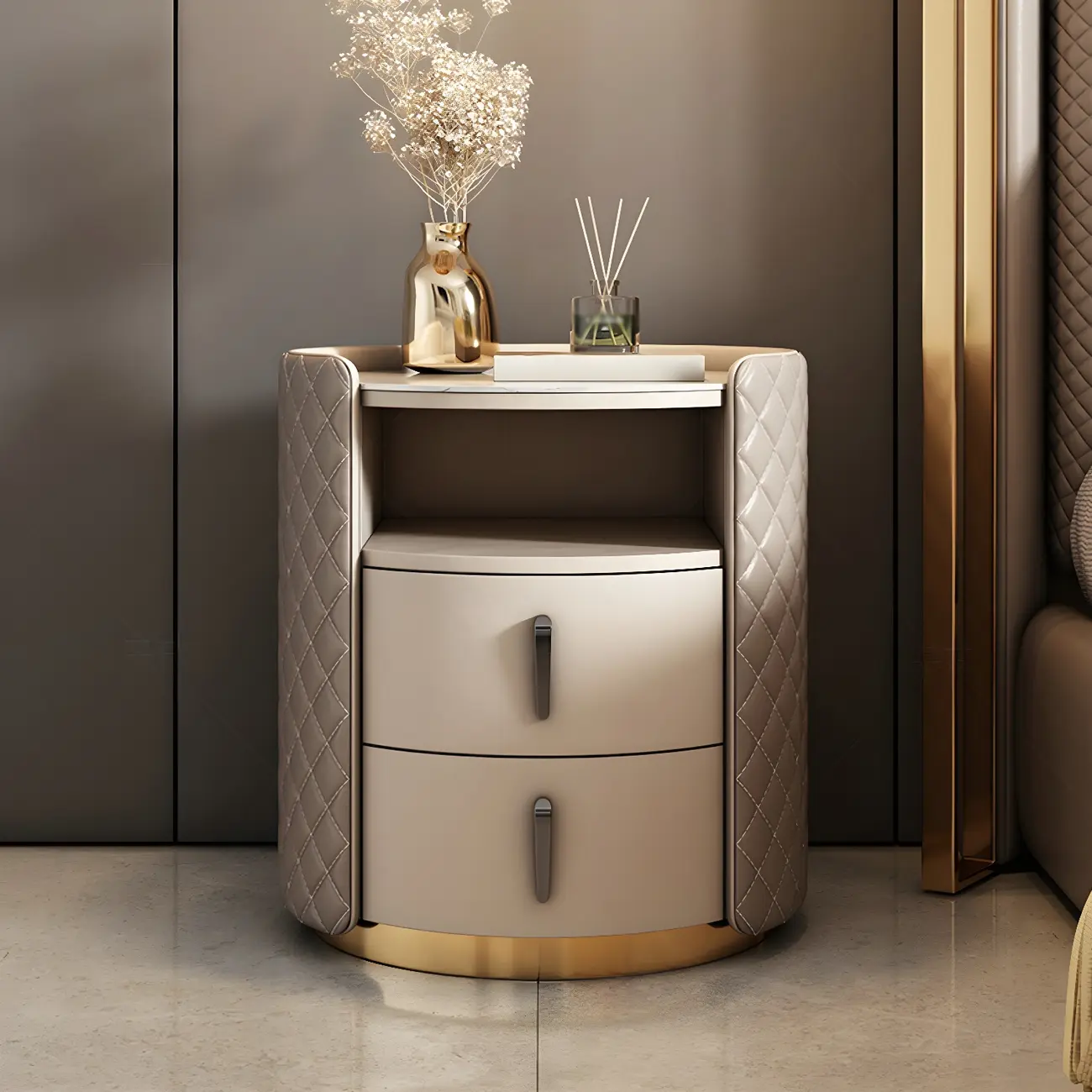 Modern Beige Faux Leather Nightstand with Drawers