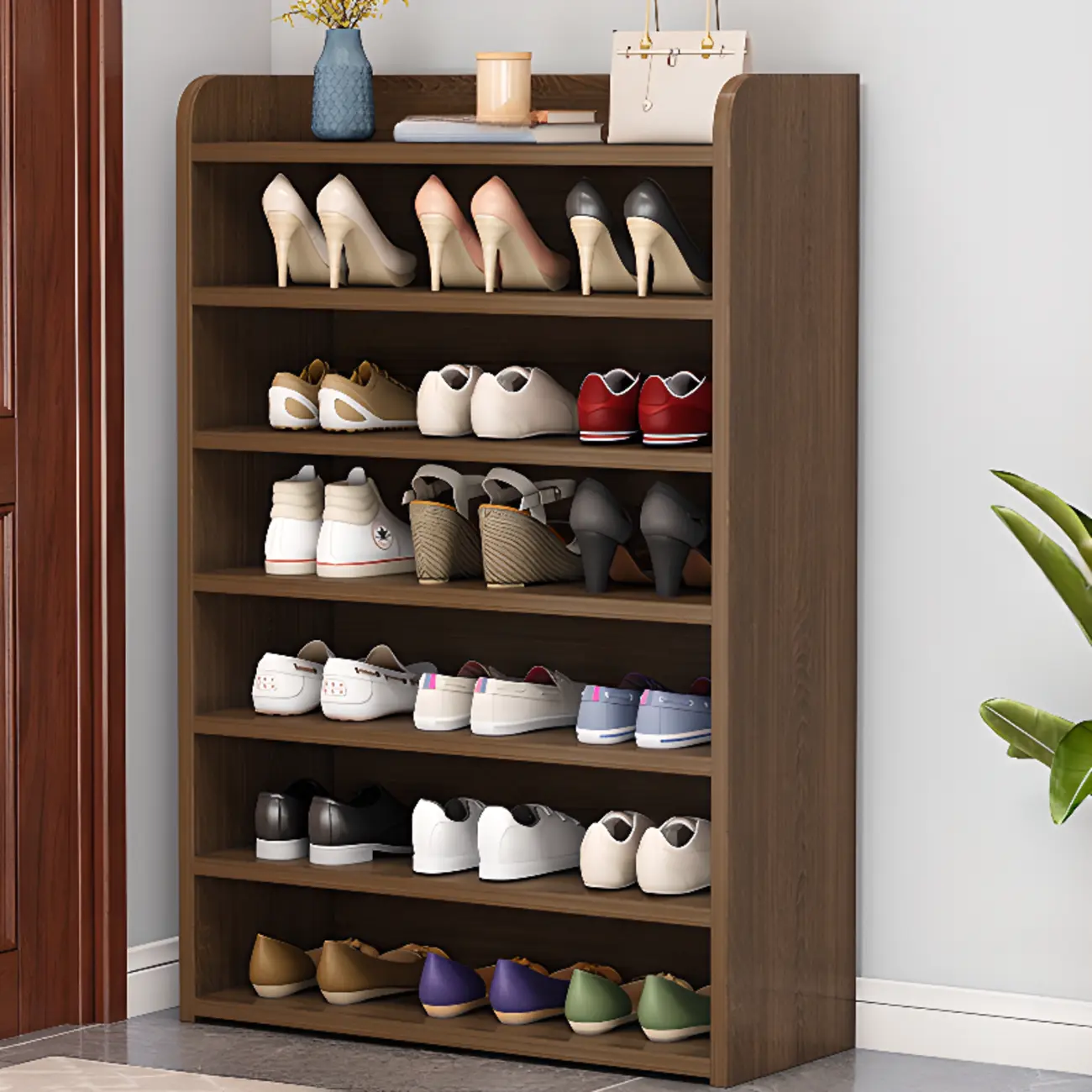 Vertical White Wooden Hallway 6-Tier Open Shoe Rack