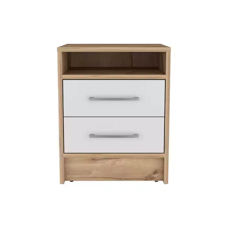 This Nightstand Cartiz, Two Drawers, White / Light Oak Finish combines contemporary style with smart storage solutions, creating a space saving.